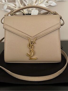 Saint Laurent Taupe Leather Top-Handle Satchel with Gold YSL Logo